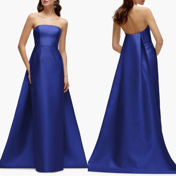 NEW ALFRED SUNG Cobalt Blue STRAPLESS Satin Twill REMOVABLE TRAIN Column GOWN 8 - Picture 1 of 13